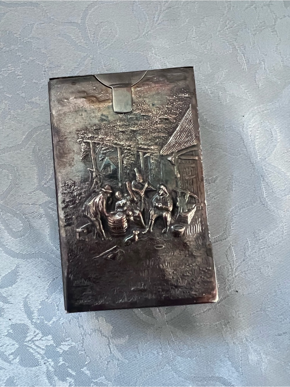 Vintage Cigarette Case Silver Plated Embellished Family Life Scene